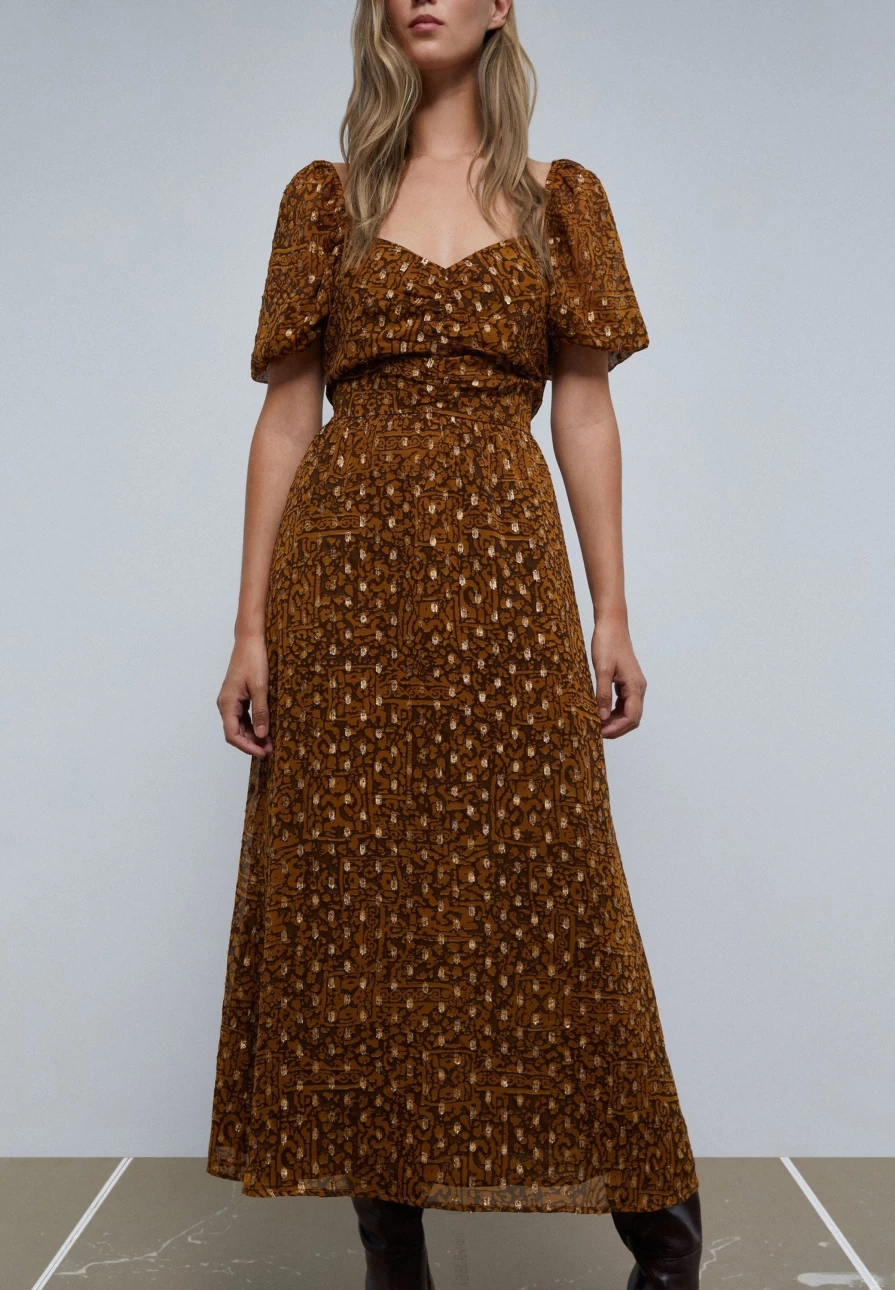 "ScalpersCompany Women's Mustard Midi Dress with Shirred Chest Detail"