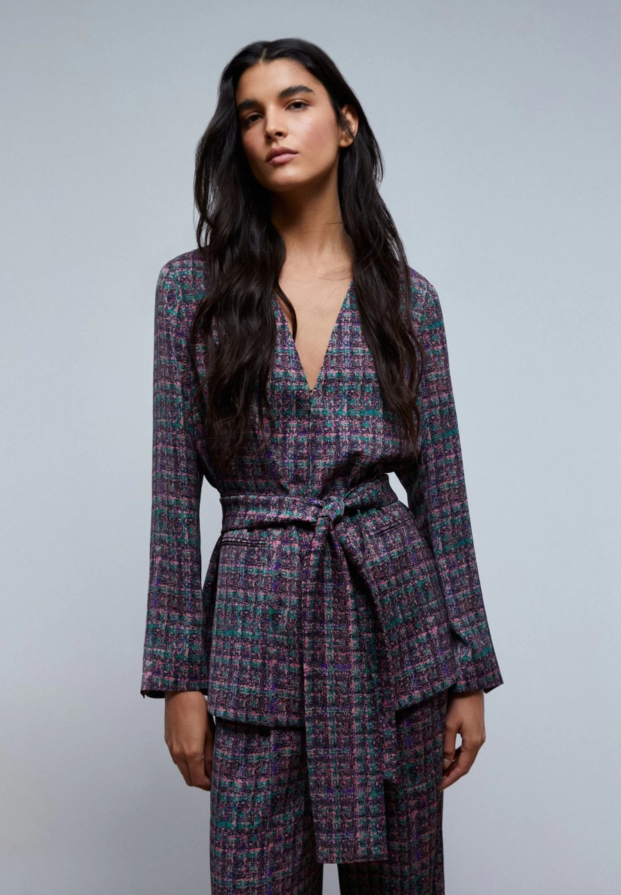 "ScalpersCompany Women's Green & Pink Check Blazer with Bow - Stylish Feminine Jacket"