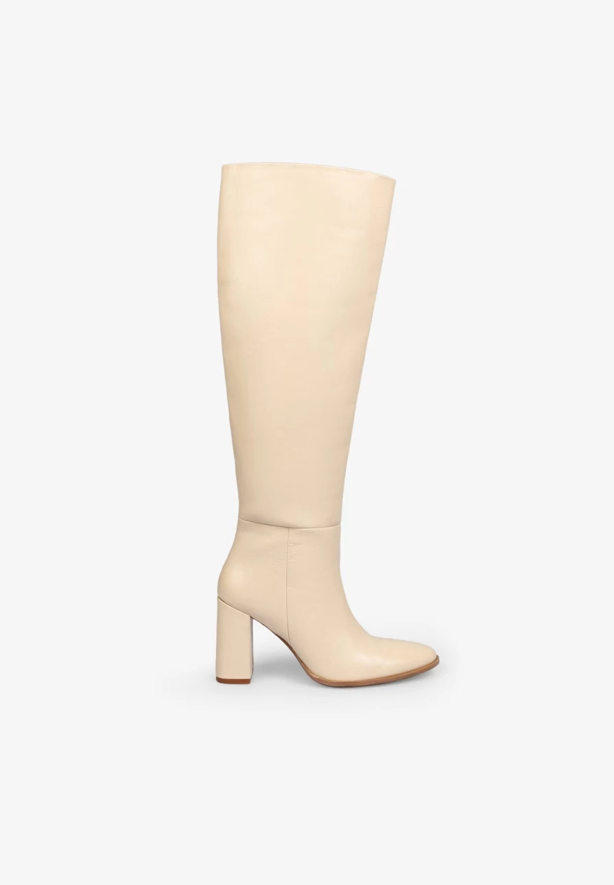 "ScalpersCompany Women's Ecru Knee-High Leather Boots – Stylish & Comfortable"
