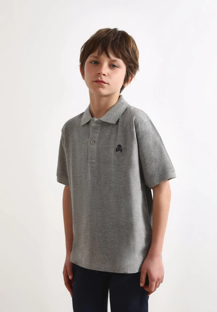 "ScalpersCompany Kids Grey Melange Basic Polo Shirt With Skull Design"