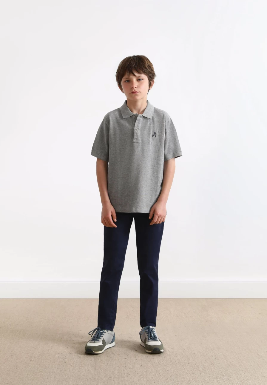 "ScalpersCompany Kids Grey Melange Basic Polo Shirt With Skull Design"