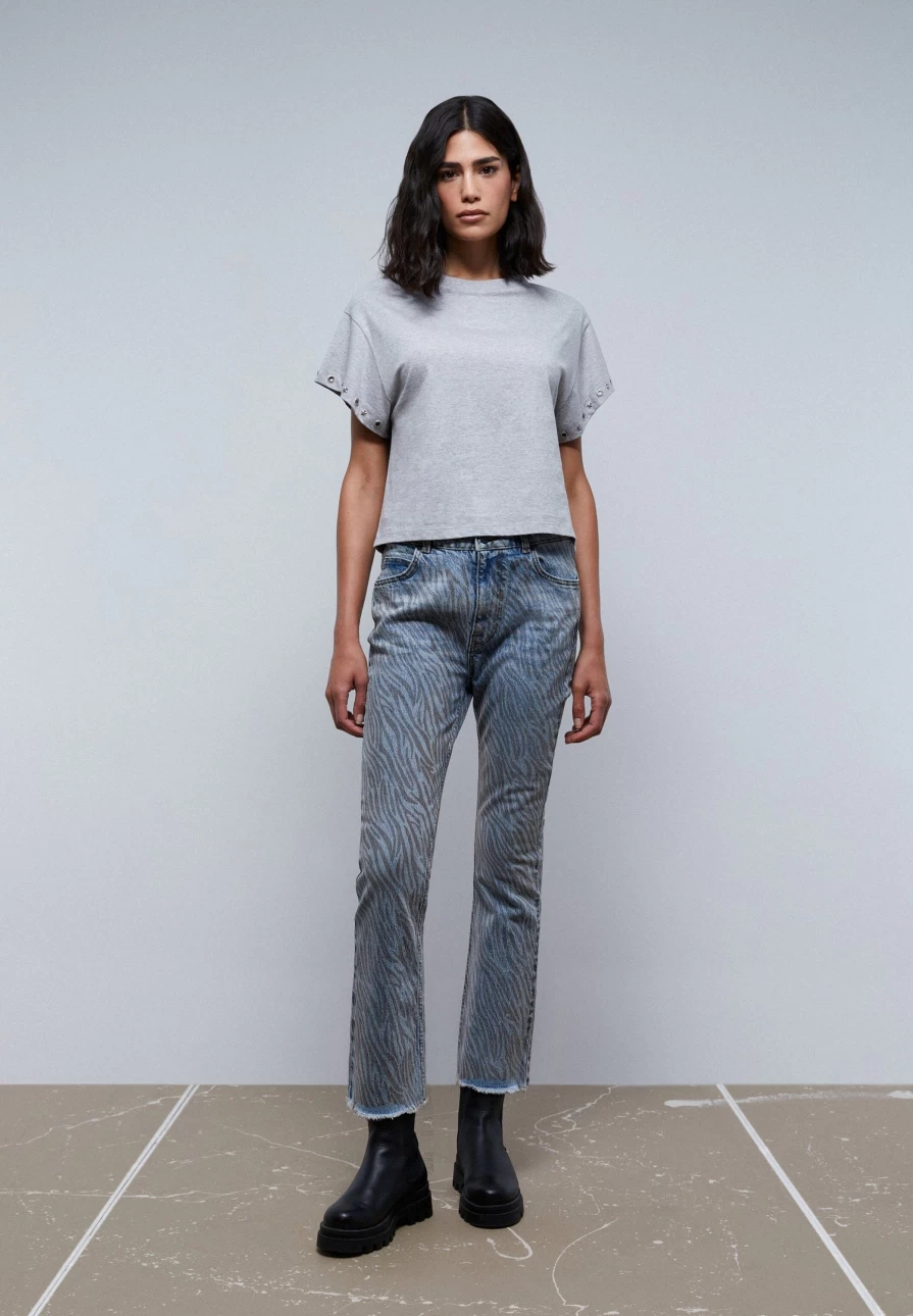 "ScalpersCompany Women's Grey Melange Basic T-Shirt with Stylish Sleeve Detail"