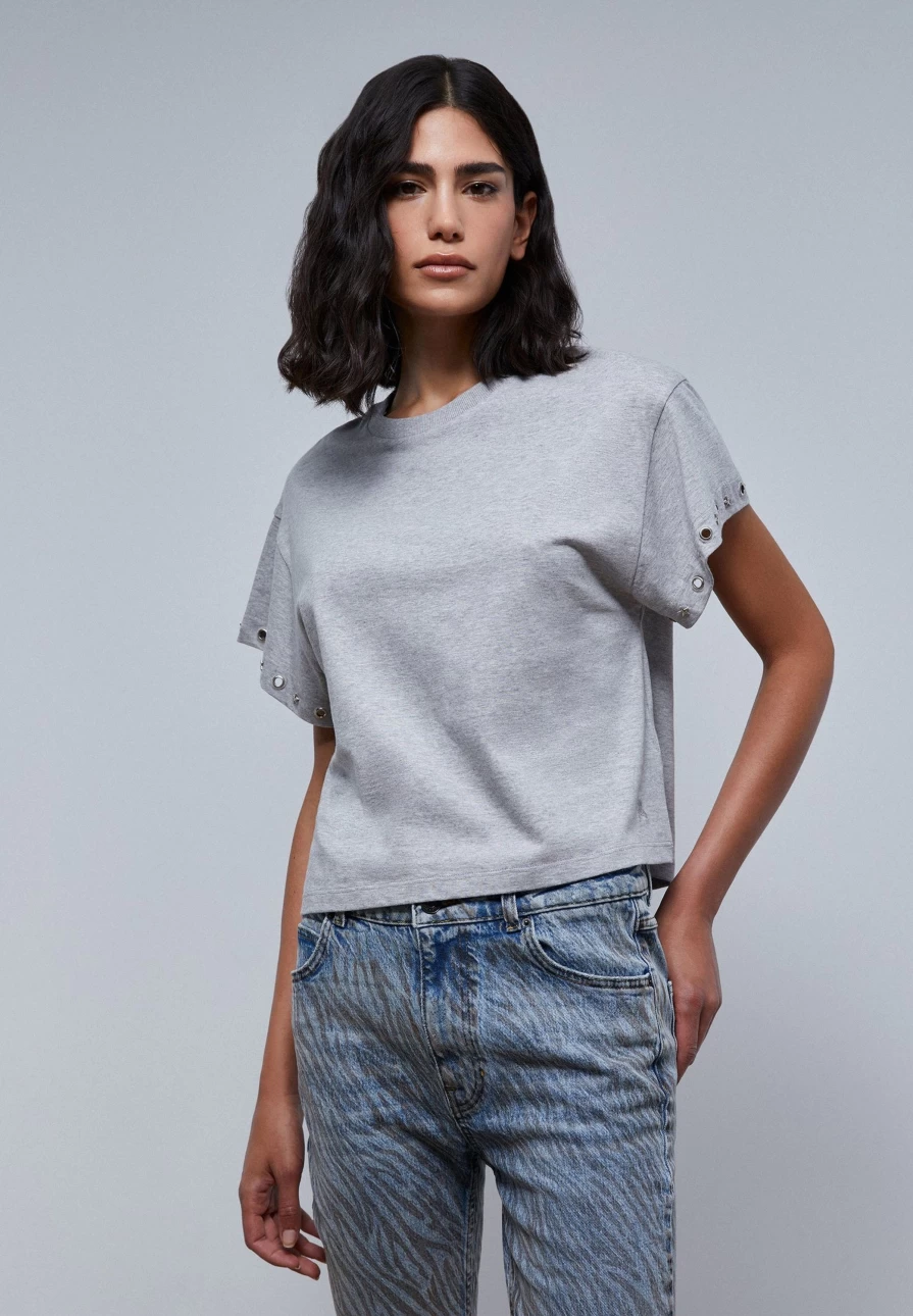 "ScalpersCompany Women's Grey Melange Basic T-Shirt with Stylish Sleeve Detail"