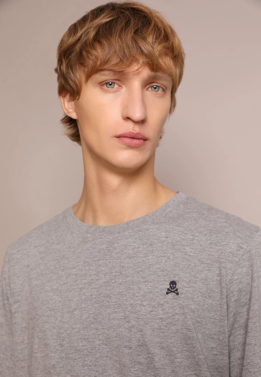"ScalpersCompany Men's Grey Melange Basic Cotton Skull Print T-Shirt"