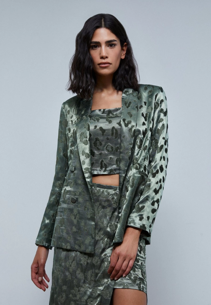 "ScalpersCompany Women's Green Velvet Blazer with Animal Print - Stylish Fashion Jacket"