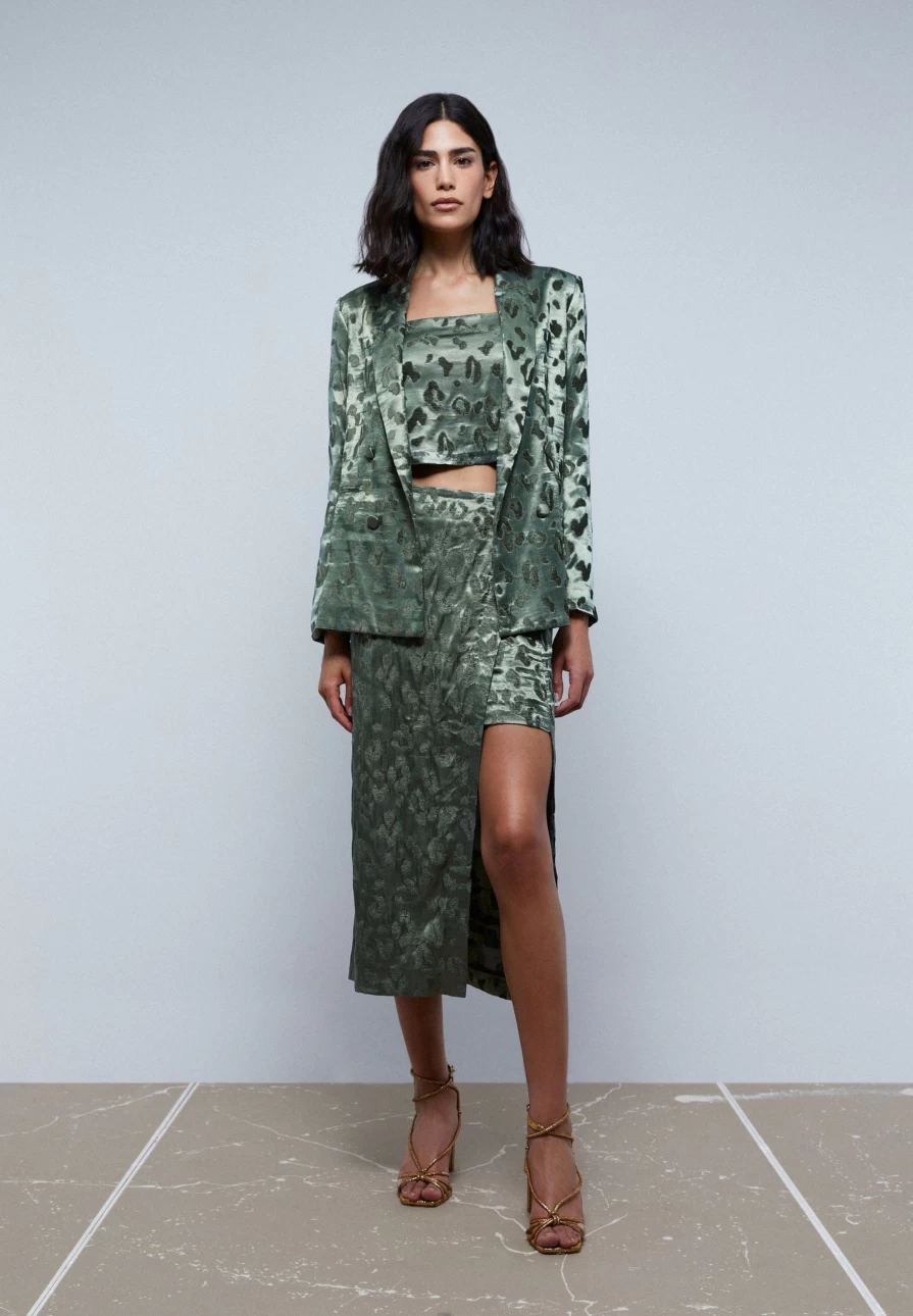 "ScalpersCompany Women's Green Velvet Blazer with Animal Print - Stylish Fashion Jacket"