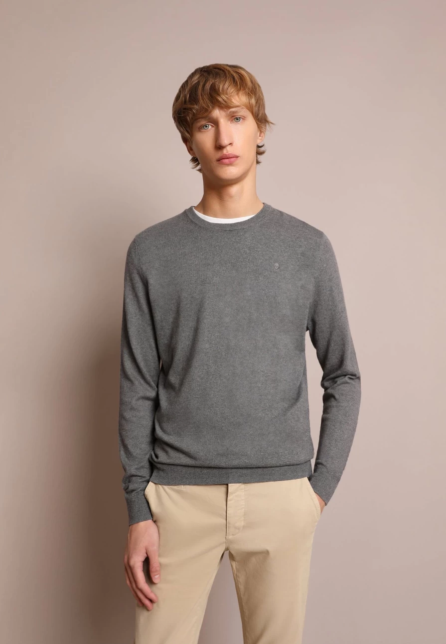 "ScalpersCompany Men's Grey Melange Skull Print Round Neck Sweater"