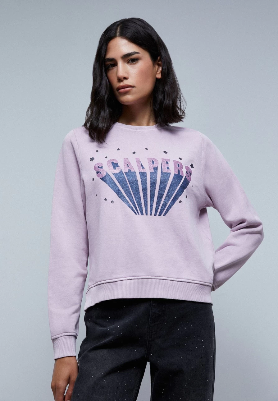 "ScalpersCompany Women's Faded Sweatshirt with Glitter Logo - Trendy Distressed Pullover"