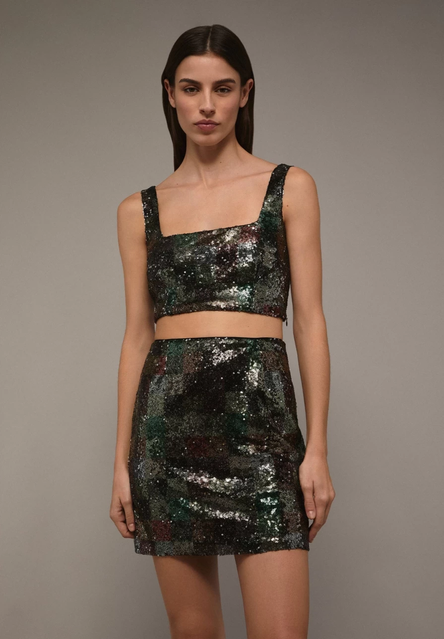 "Scalperscompany Women's Green Sequinned Check Top | Sparkling Embellished Blouse"