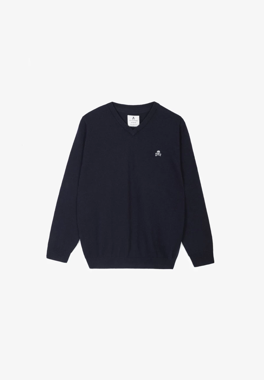 "Scalpers Company Kids Navy V-Neck Skull Sweater"