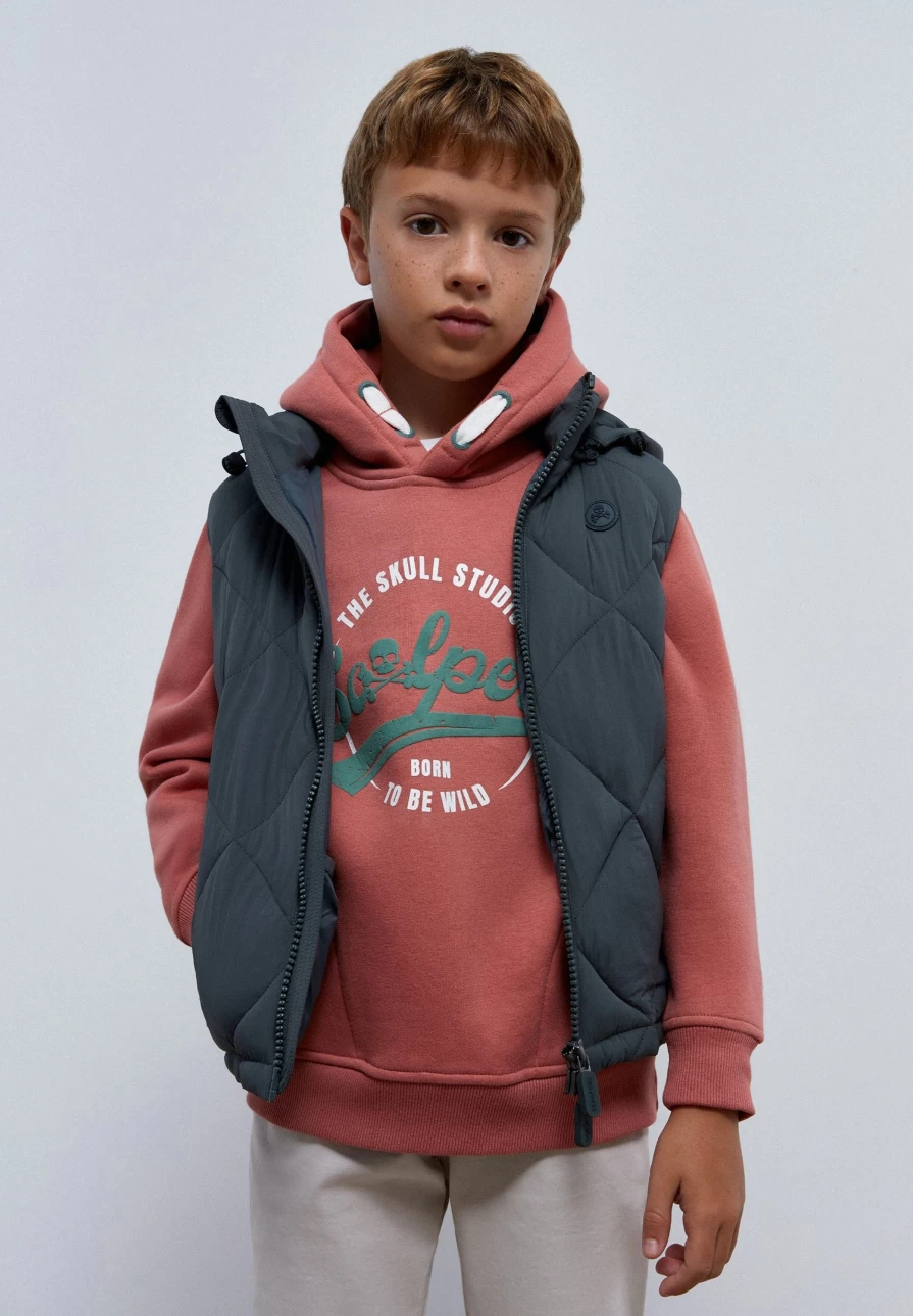 "Scalpers Company Kids Khaki Quilted Hooded Gilet – Warm Stylish Winter Vest"