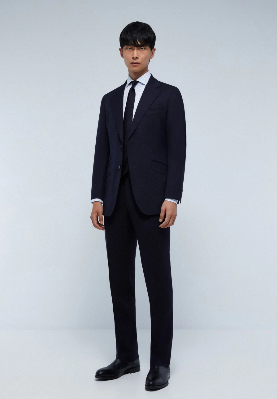 "ScalpersCompany Men's Navy Spike Wool Suit – Premium Blue Business Attire"