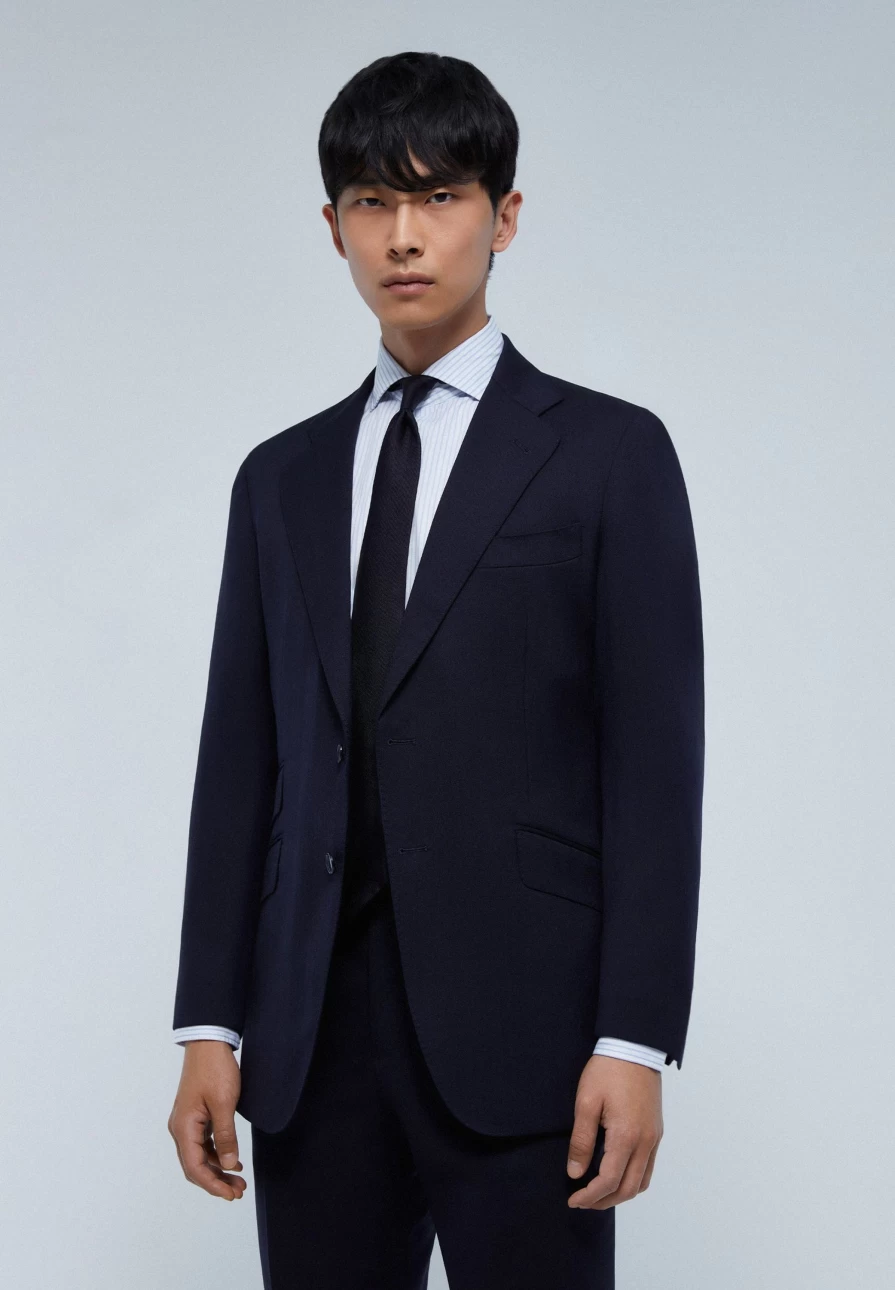 "ScalpersCompany Men's Navy Spike Wool Suit – Premium Blue Business Attire"