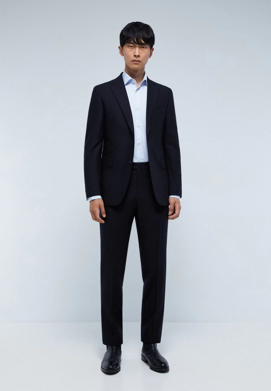 "ScalpersCompany Men's Dark Navy Wool Structured Suit – Premium Tailored Blazer"