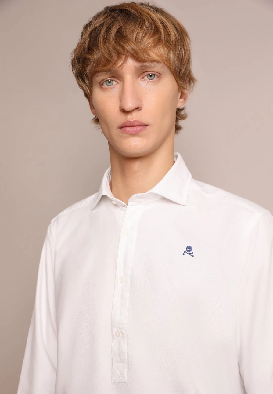 "ScalpersCompany Men's White Cotton Basic Polo Shirt with Skull Print"
