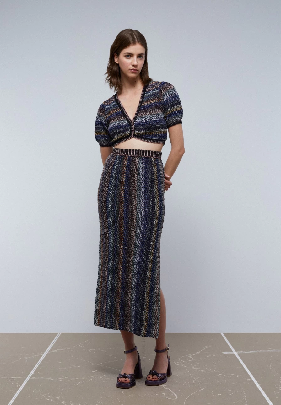 "Scalpers Company Women's Lurex Crochet Midi Skirt – Glamorous & Elegant"
