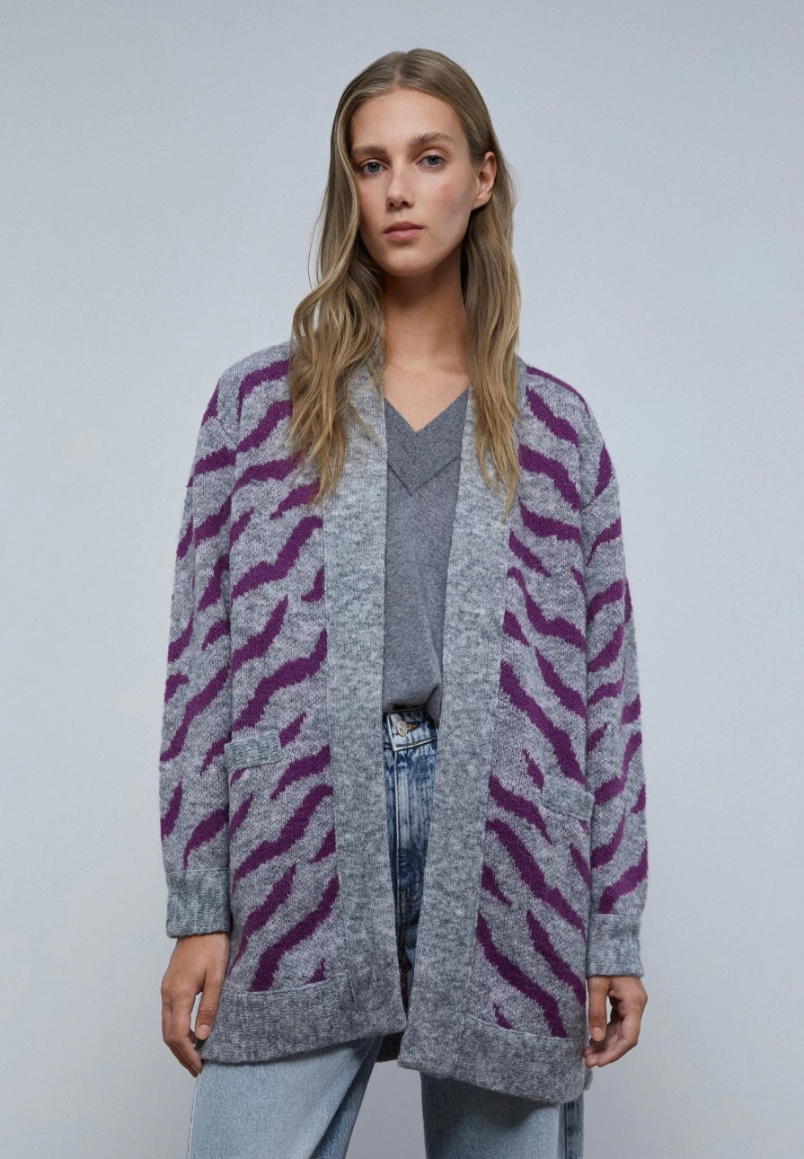 "ScalpersCompany Grey Animal Print Knit Cardigan for Women"
