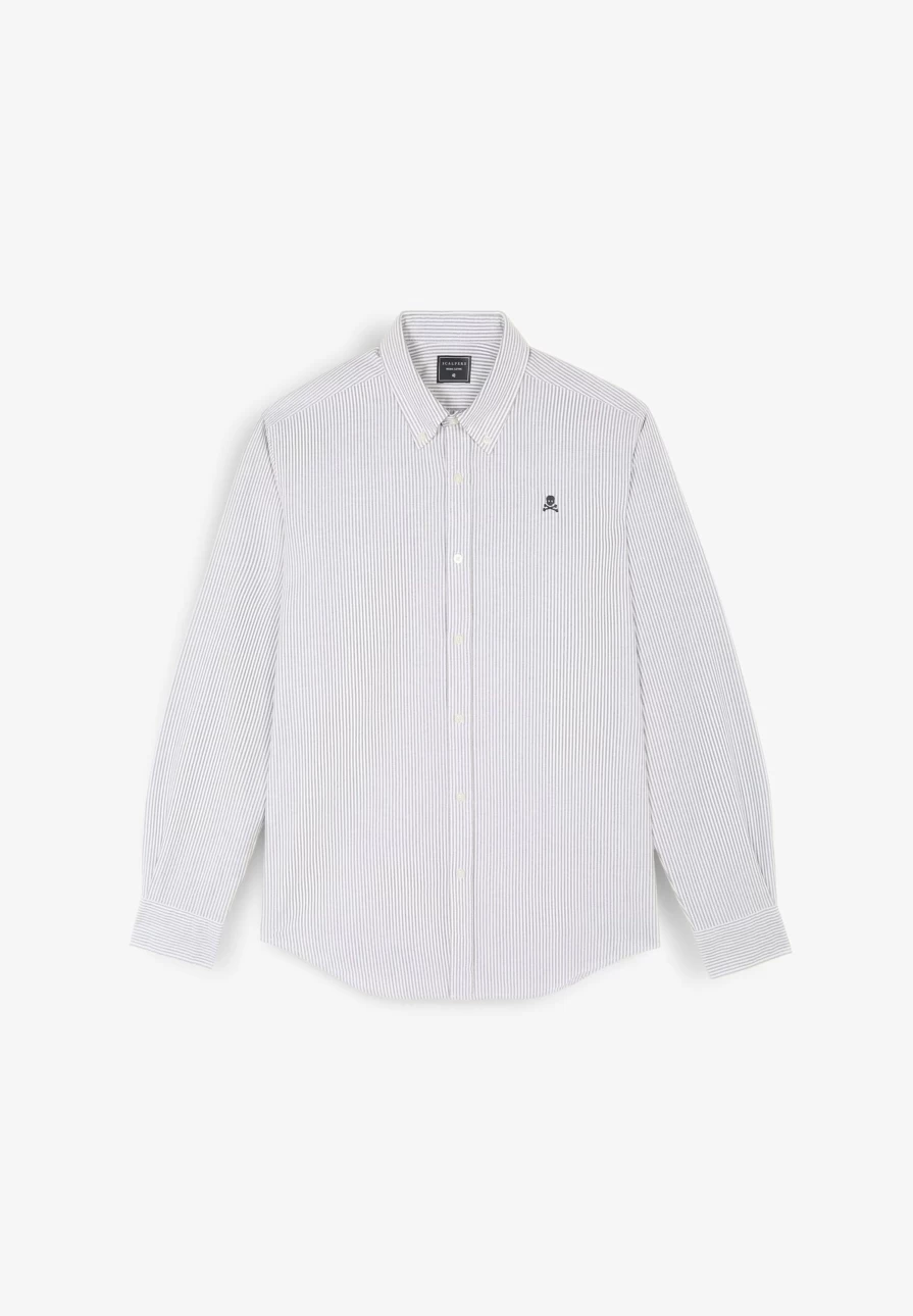 "ScalpersCompany Men's Navy Stripes Oxford Shirt with Skull Print"