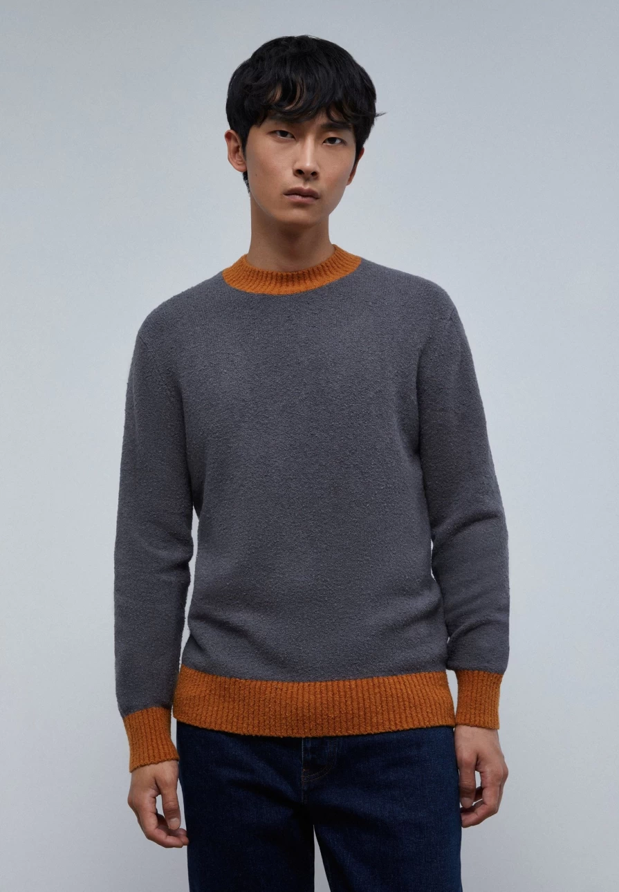 "ScalpersCompany Men's Grey Knit Sweater with Contrast Stitching Detail"