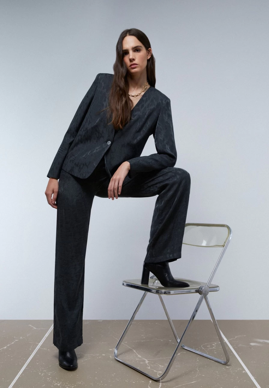 "ScalpersCompany Women's Dark Navy Animal Print Trousers with Darts - Stylish High-Waisted Pants"