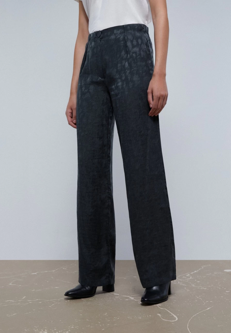 "ScalpersCompany Women's Dark Navy Animal Print Trousers with Darts - Stylish High-Waisted Pants"