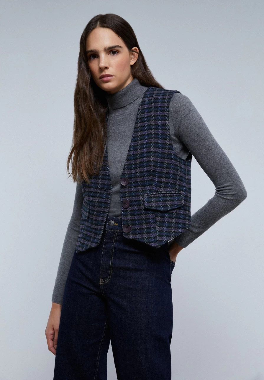 "ScalpersCompany Grey Check Gilet with Bow for Women | Stylish Waistcoat Vest"