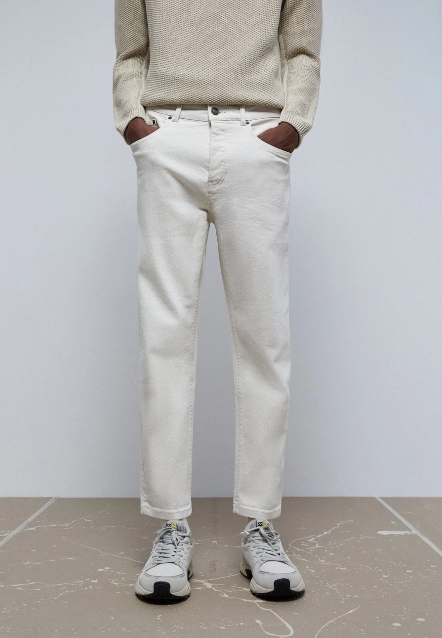 "Men's Ecru Cropped Jeans by ScalpersCompany | Stylish & Comfortable Denim"