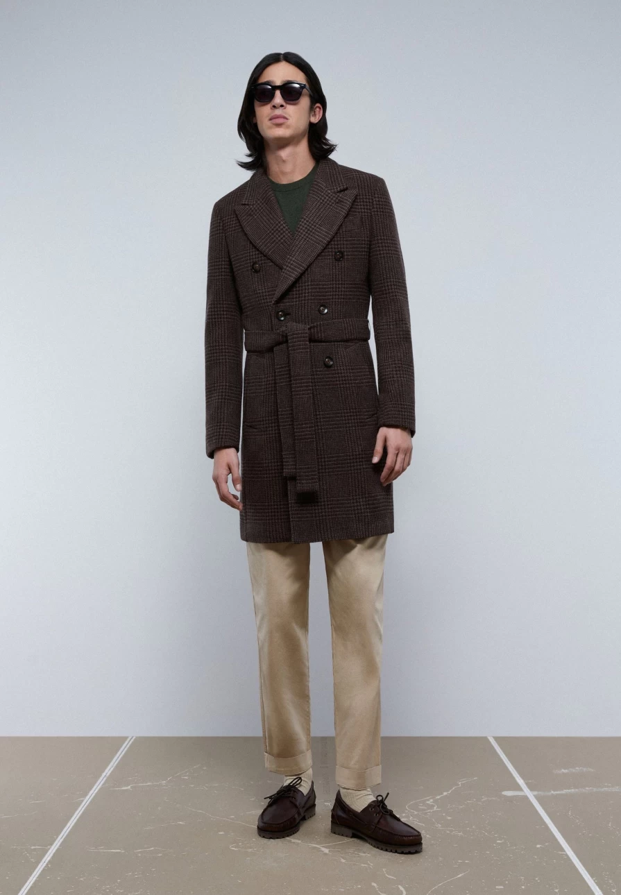 "ScalpersCompany Men's Premium Brown Check Trench Coat With Belt – Stylish Checkered Overcoat"