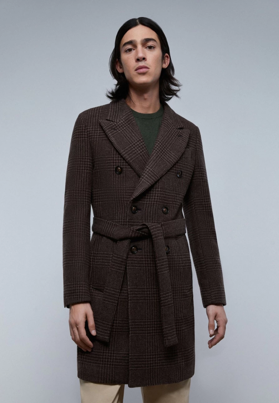 "ScalpersCompany Men's Premium Brown Check Trench Coat With Belt – Stylish Checkered Overcoat"