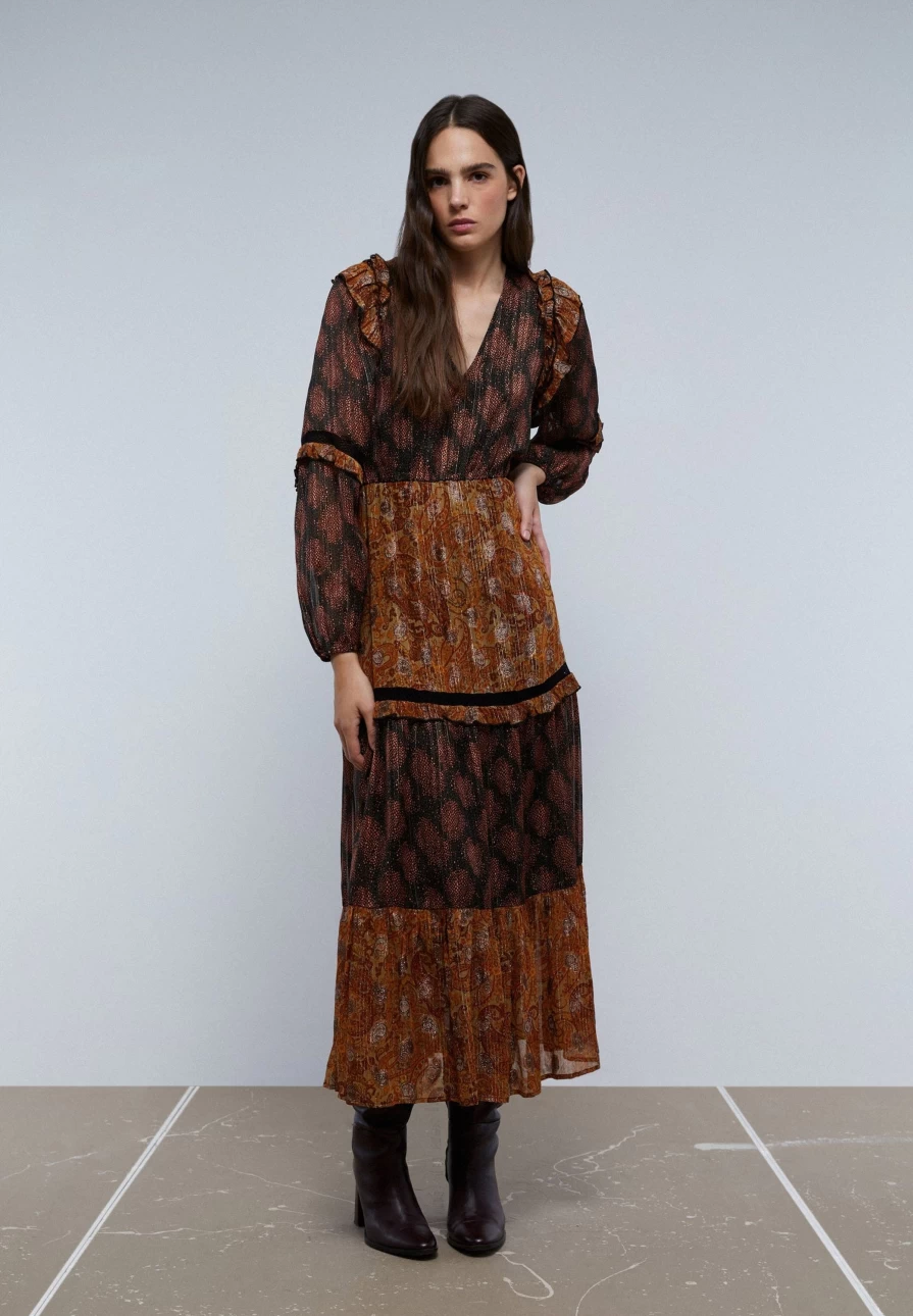 "ScalpersCompany Women's Black Lurex Paisley Midi Dress - Elegant Floral Print Party Wear"