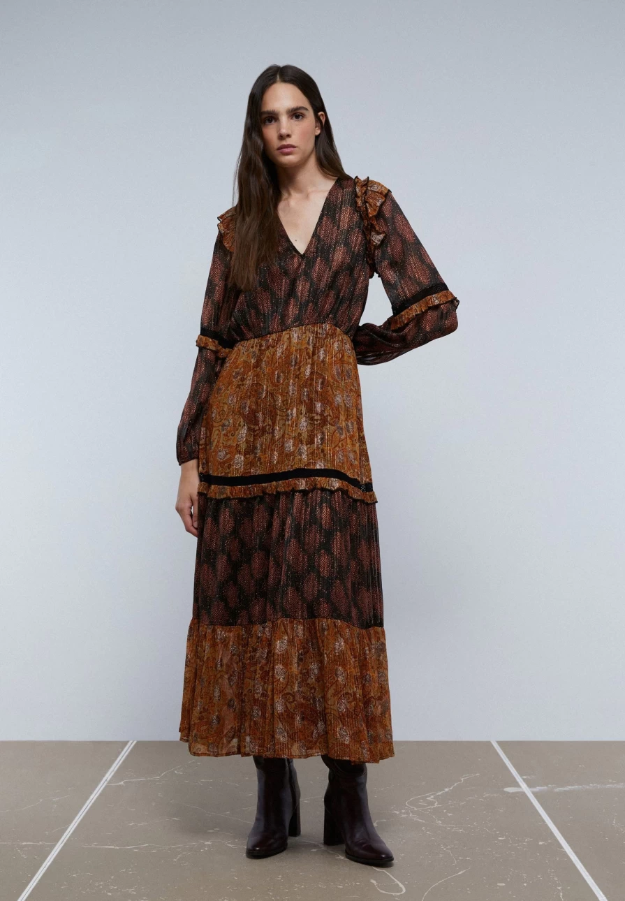 "ScalpersCompany Women's Black Lurex Paisley Midi Dress - Elegant Floral Print Party Wear"