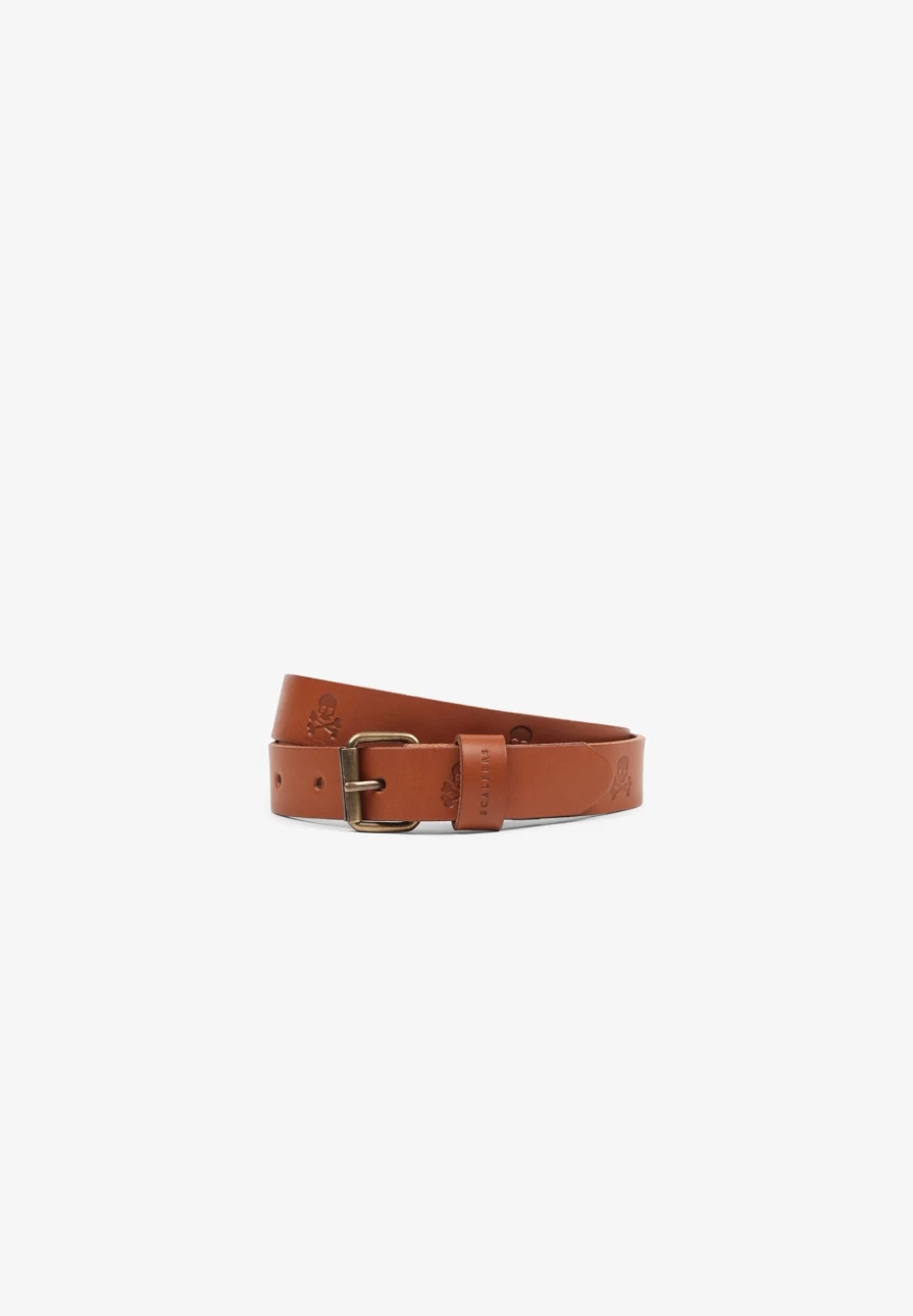 "ScalpersCompany Kids Brown Leather Belt with Embossed Skulls Design"