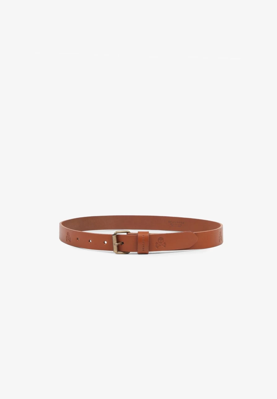 "ScalpersCompany Kids Brown Leather Belt with Embossed Skulls Design"
