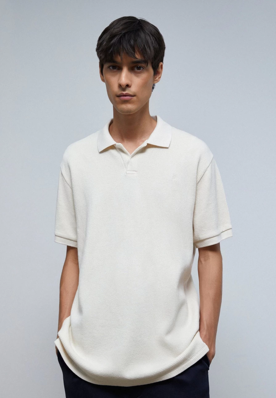 "ScalpersCompany Men's Ecru Textured Skull Polo Shirt"