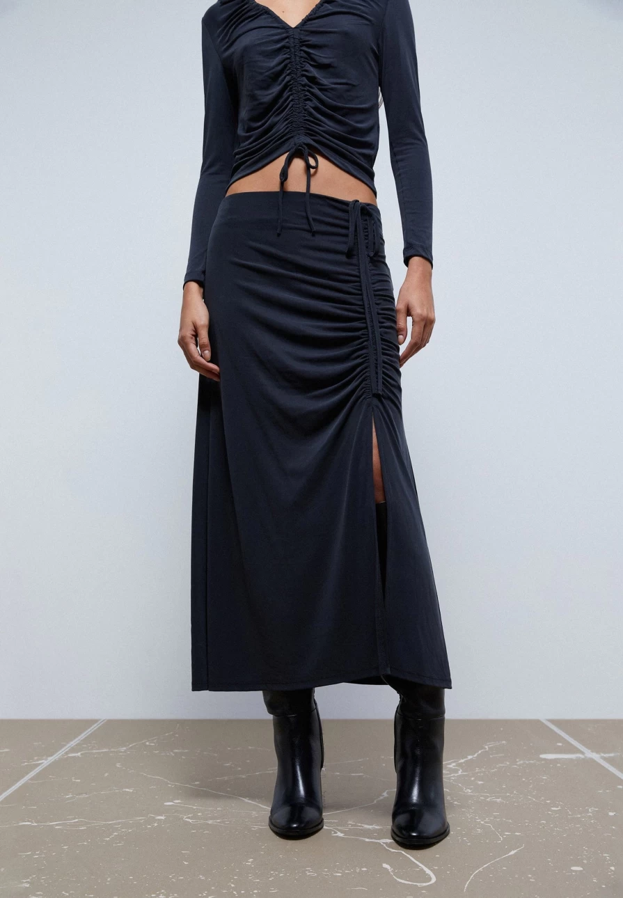 "ScalpersCompany Women's Side Ruching Midi Skirt - Stylish & Flattering Design"