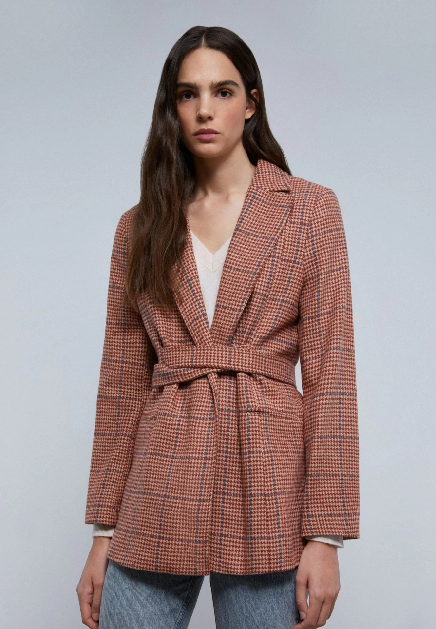 "ScalpersCompany Women's Camel Check Blazer with Detachable Belt"