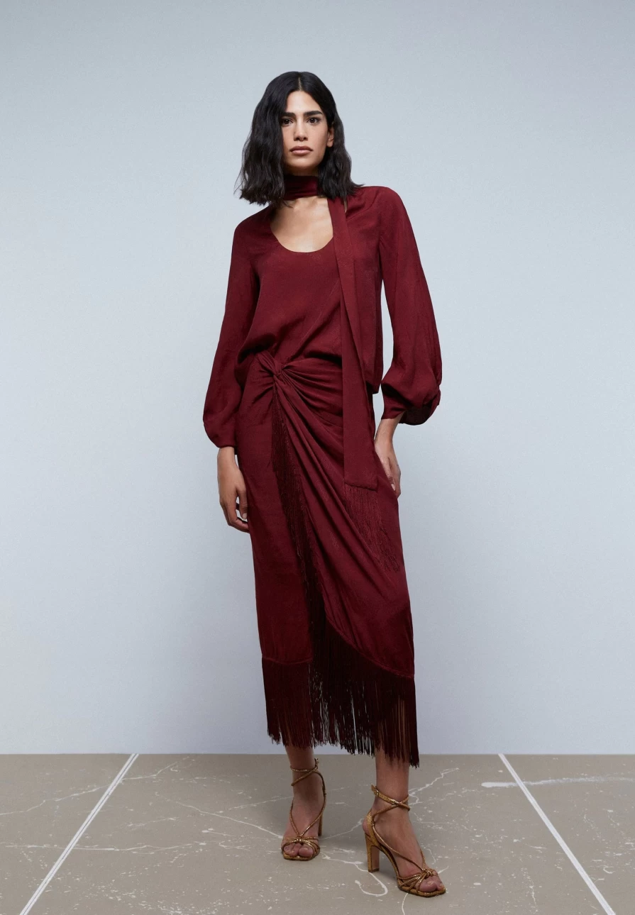 "ScalpersCompany Women's Terracotta Fringe Jacquard Skirt - Boho Chic Flared Midi Skirt"
