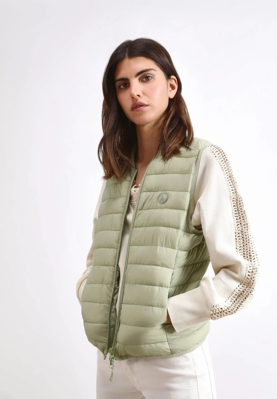 "ScalpersCompany Women's Olive Puffer Vest With Skull Design – Stylish Winter Jacket"