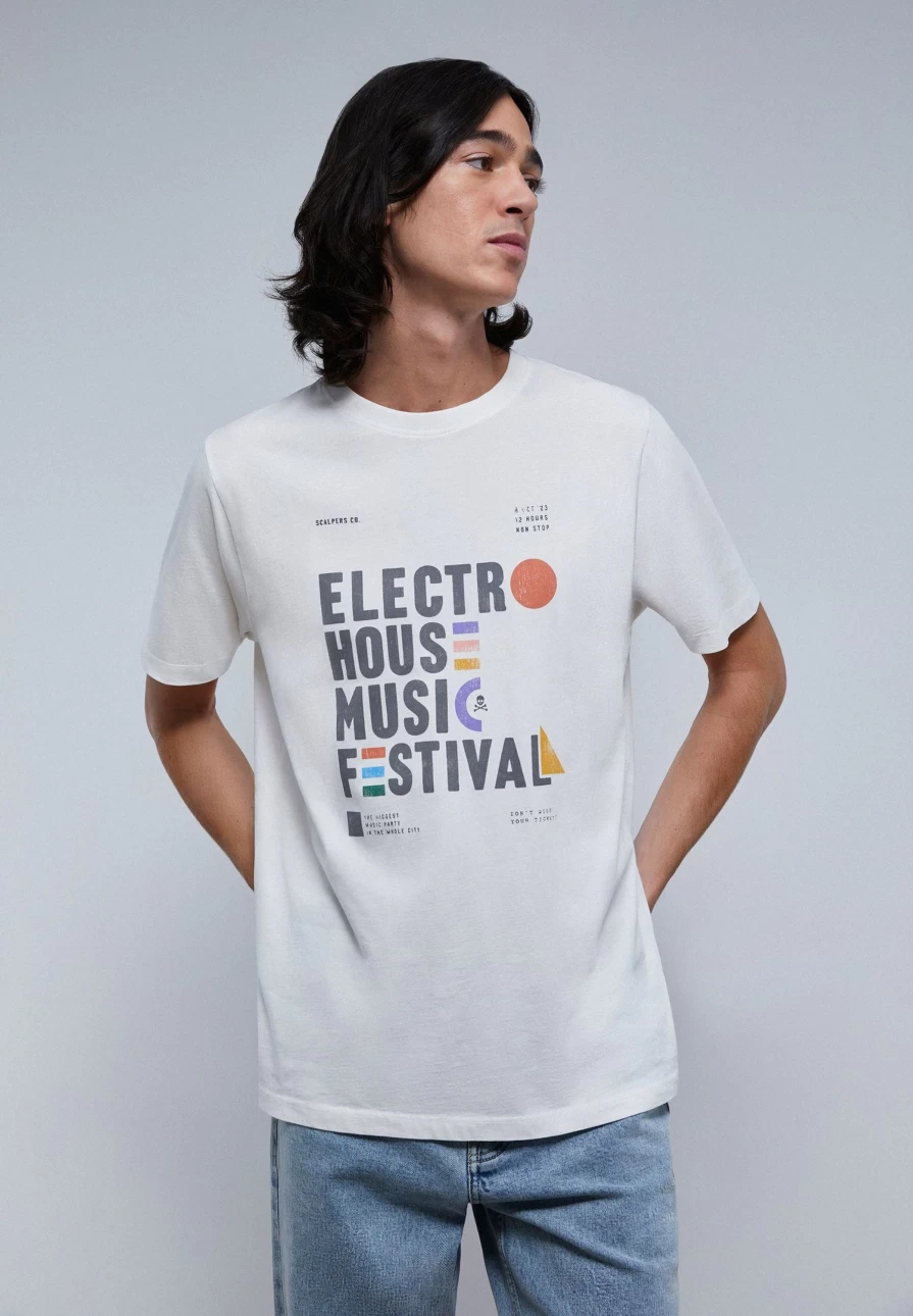 "ScalpersCompany Men's Off White Faded Festival Graphic T-Shirt with Front Print"