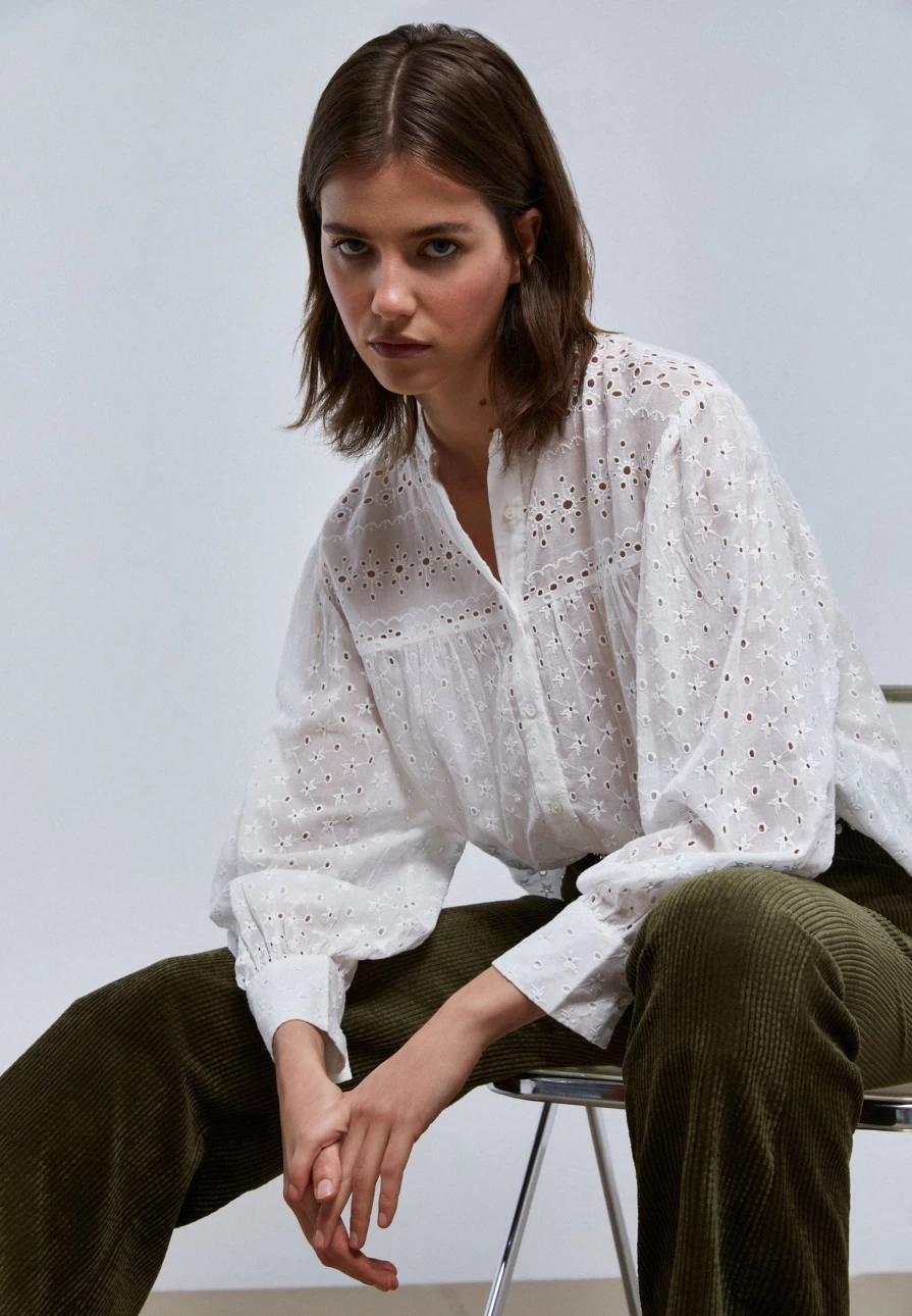 "ScalpersCompany Women's White Blouse with Elegant Swiss Embroidery"