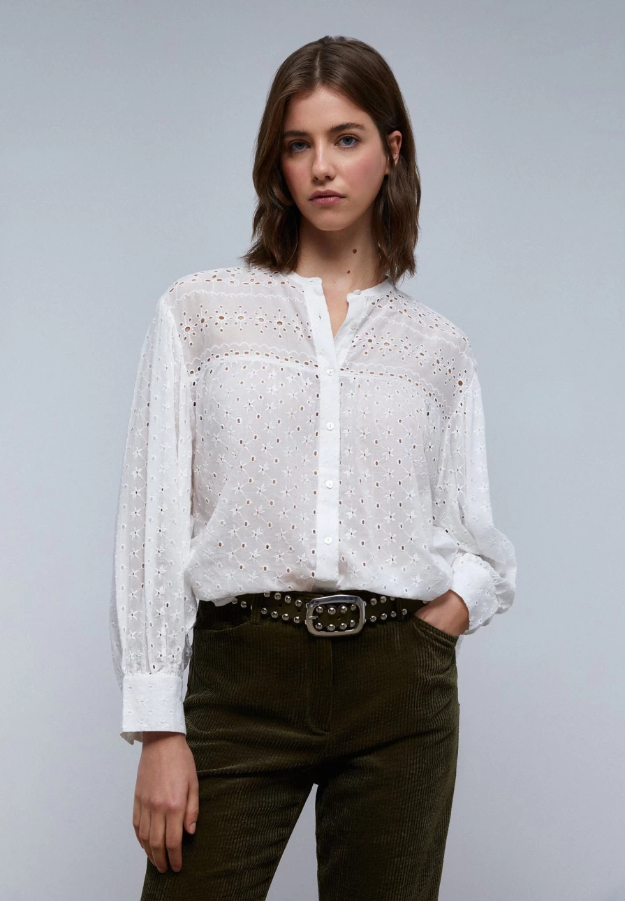 "ScalpersCompany Women's White Blouse with Elegant Swiss Embroidery"