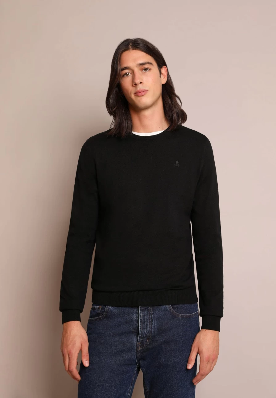 "ScalpersCompany Men's Black Skull Print Round Neck Sweater"