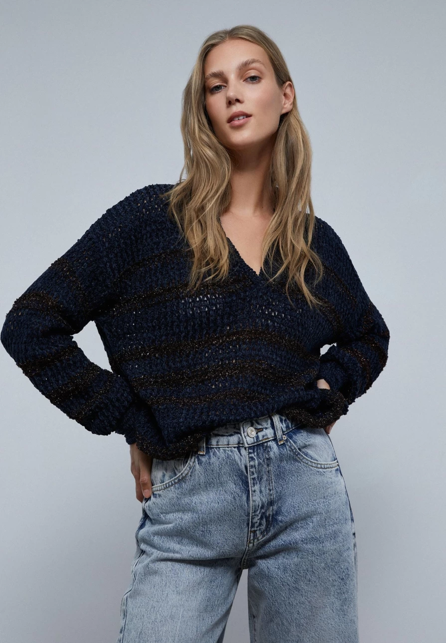 "ScalpersCompany Women's Navy & Brown Striped Polo Sweater Shirt"