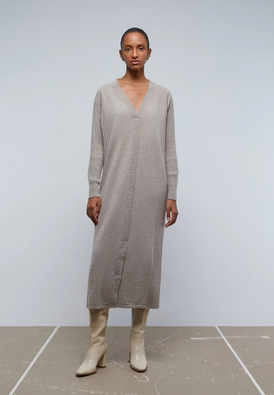 "ScalpersCompany Women's Taupe Ribbed Knit Dress - Elegant & Stylish"