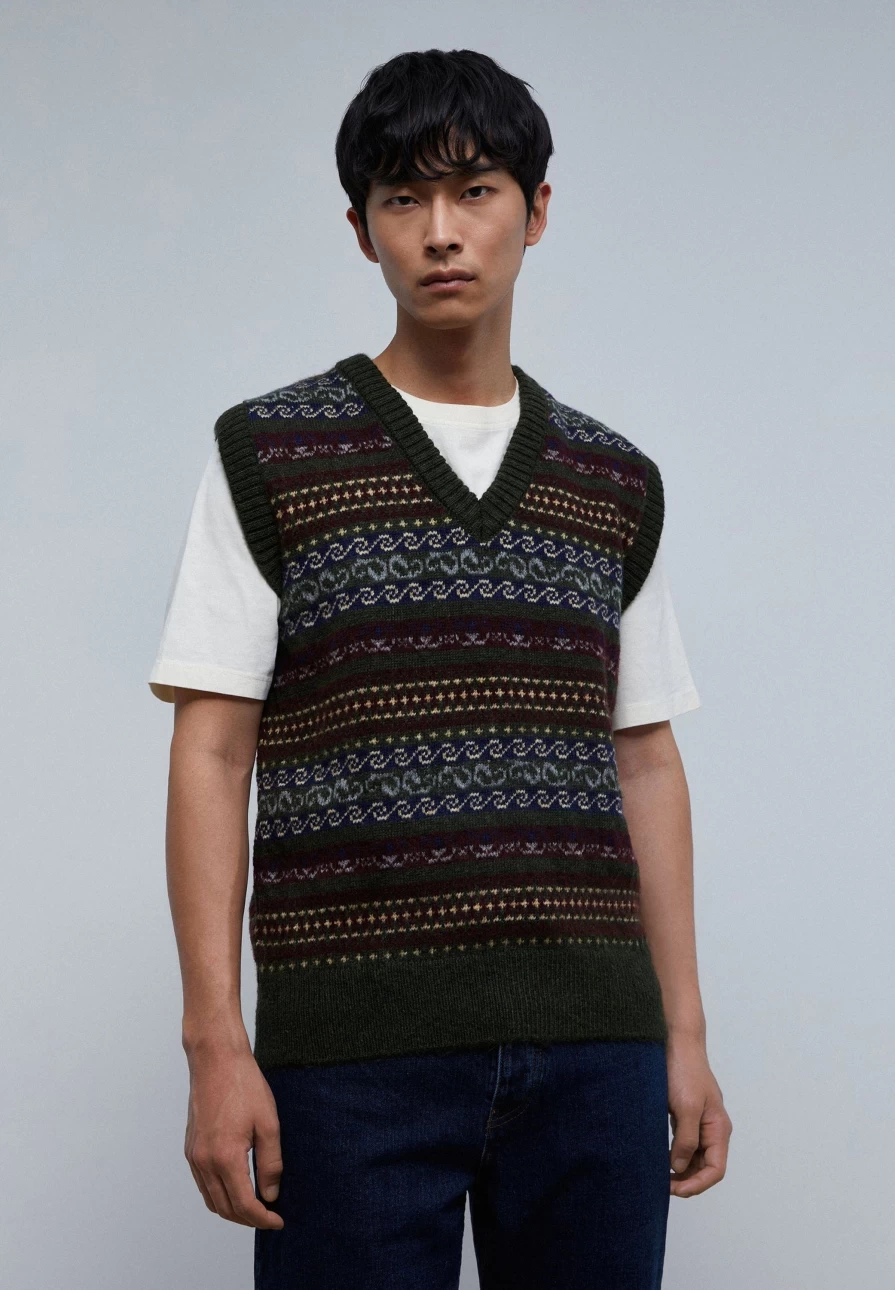 "ScalpersCompany Men's Khaki Waistcoat with Stylish Dot Motifs for a Trendy Look"