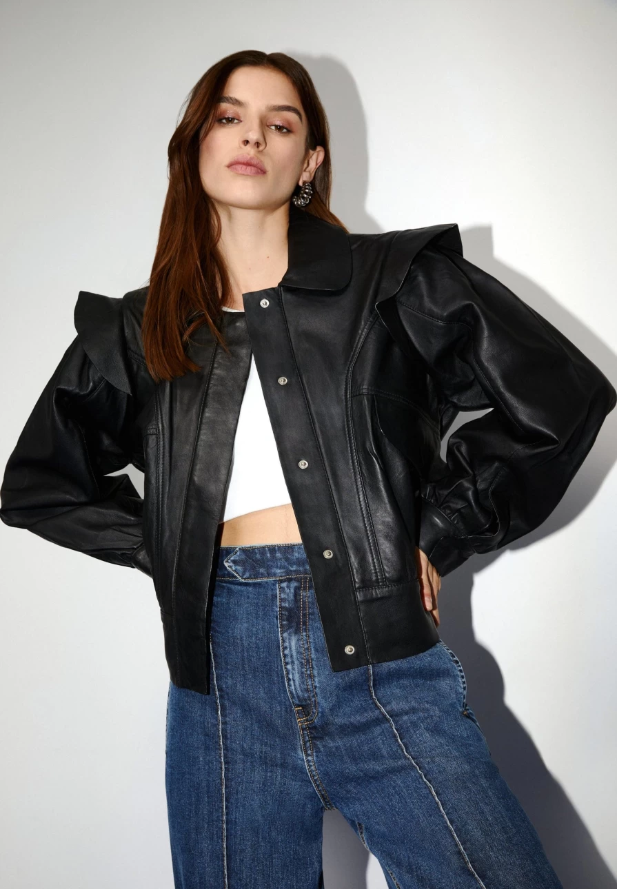 "ScalpersCompany Women's Stylish Leather Jacket with Elegant Shoulder Frill Detail"