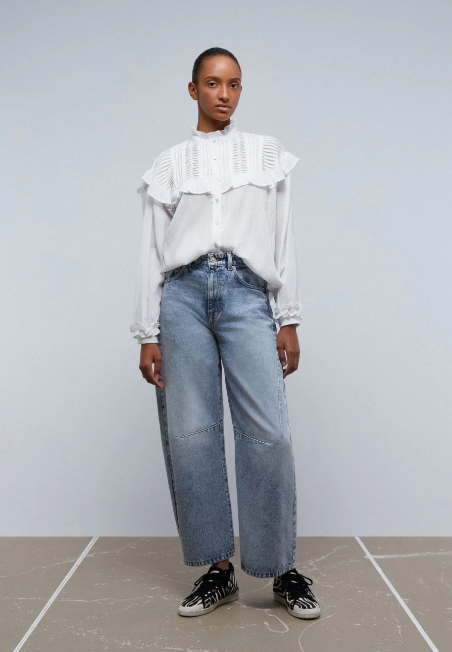 "ScalpersCompany Women's Indigo Wide Leg Jeans with Buckle Detail - High Waist Distressed Denim Pants"