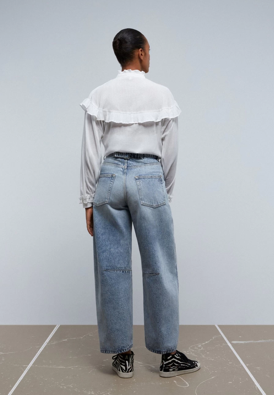 "ScalpersCompany Women's Indigo Wide Leg Jeans with Buckle Detail - High Waist Distressed Denim Pants"