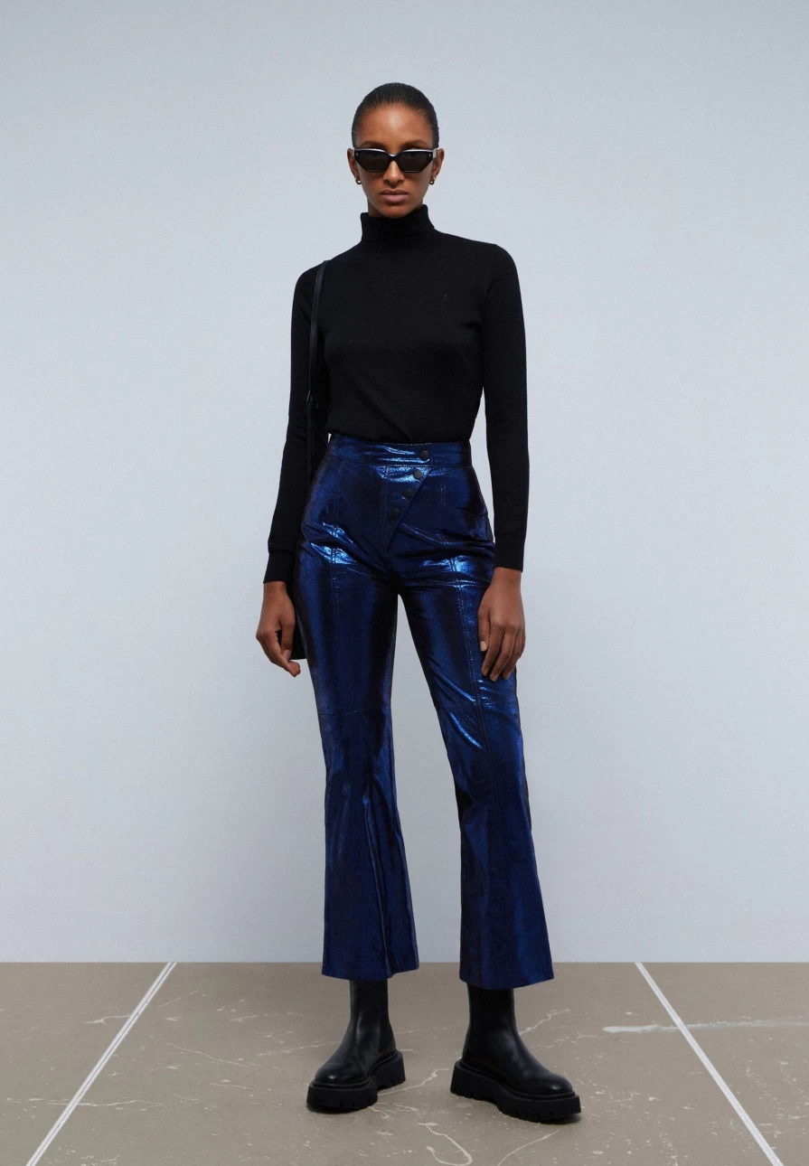 "ScalpersCompany Women's Blue Metallic Flared Trousers - High Waist Wide Leg Pants"