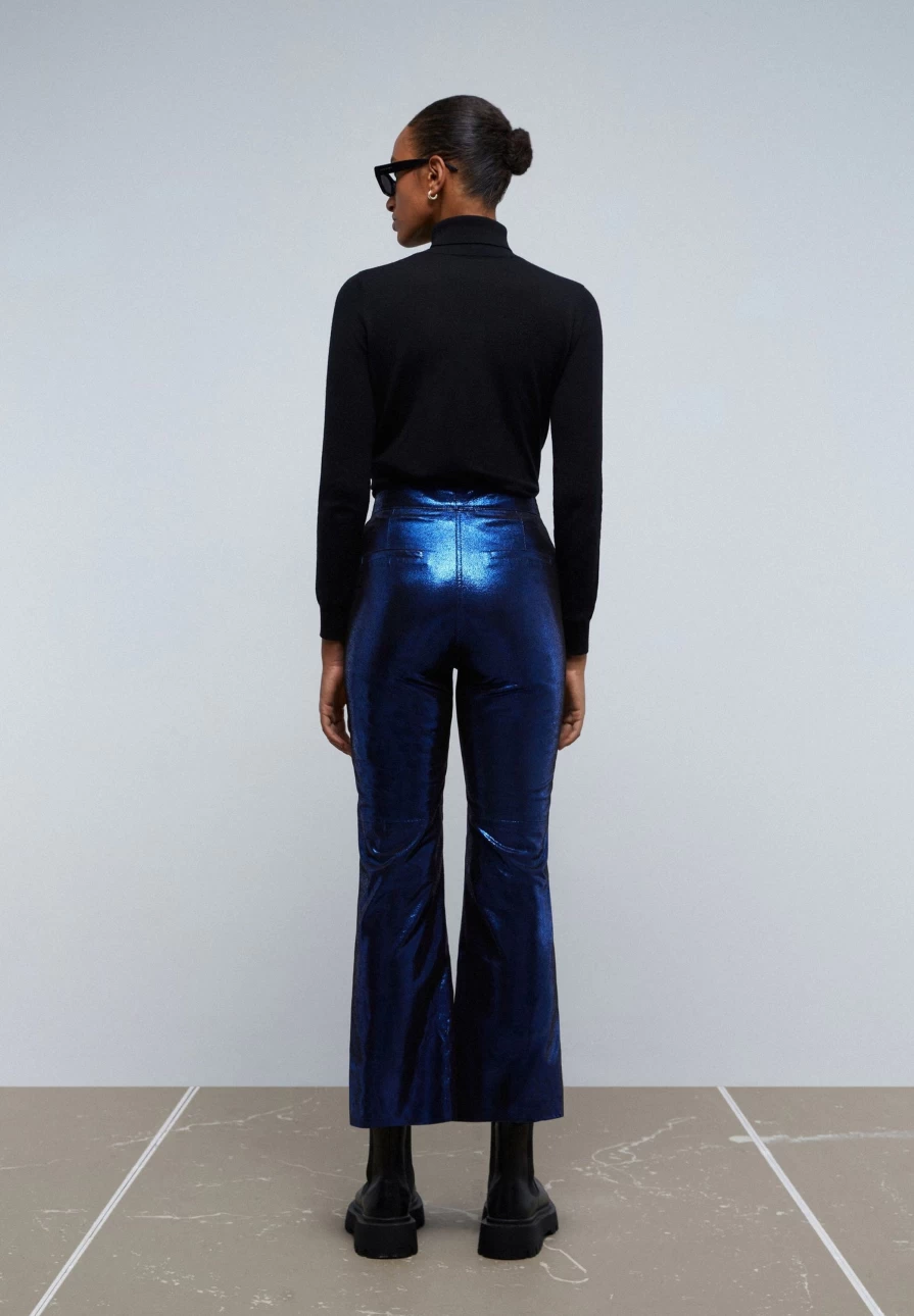 "ScalpersCompany Women's Blue Metallic Flared Trousers - High Waist Wide Leg Pants"